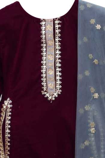 Shop_Minime Organics_Grey Velvet, Net Embroidery Round Neck Kurta Set _at_Aza_Fashions
