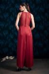 Shop_Mandira Wirk_Red V Neck Embroidered Jumpsuit _at_Aza_Fashions