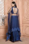 Shop_Aariyana Couture_Blue Hand Embroidered Floral Pattern Plunge V Neck Sheer Cape Draped Skirt Set _at_Aza_Fashions