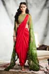 Buy_Tisha Saksena_Red Crop Top  Raw Silk Embroidered Dori And With Draped Saree And Cape For Women_at_Aza_Fashions