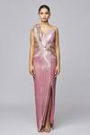 Amit Aggarwal Pink Tulle Metallic Thread V-neck Floral Structured One Shoulder Gown at Aza Fashions Amit Aggarwal_Pink Tulle Metallic Thread V-neck Floral Structured One Shoulder Gown _at_Aza_Fashions