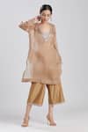 Buy Megha Bansal Brown Satin Organza, Aarzoo Neckline Embroidered Kurta And Culotte Set at Aza Fashions Buy_Megha Bansal_Brown Satin Organza, Aarzoo Neckline Embroidered Kurta And Culotte Set _at_Aza_Fashions
