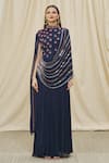 Buy_Two Sisters By Gyans_Blue Chiffon Embroidered Mirror High Neck Draped Gown _Online_at_Aza_Fashions