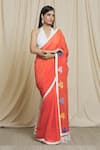 Buy_Divya Kanakia_Orange Satin Organza Embroidered Sequin V Neck Applique Saree With Blouse_Online_at_Aza_Fashions