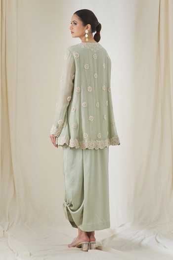 Shop_Anamika Khanna_Green Cotton Embroidery Round Neck Floral Tunic Skirt Set _at_Aza_Fashions