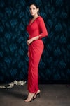 Mandira Wirk_Red Jersey Plain Plunged V Draped Maxi Dress _Online_at_Aza_Fashions