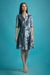 Buy_SAKSHAM & NEHARICKA_Blue Velvet Lapel Shawl Collar Embellished Blazer Dress  _at_Aza_Fashions