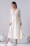 Buy_Kacha Tanka_Ivory Cotton Embroidery V-neck Thread Overlap Dress _at_Aza_Fashions
