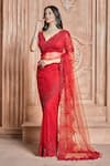 Buy_Aariyana Couture_Red Saree And Blouse-butterfly Net Embroidered Floral Scallop V Neck With Blouse _at_Aza_Fashions