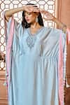 Shop_Aariyana Couture_Blue Kaftan- Cotton Silk Hand Embroidered Floral Pattern V Neck Neckline _at_Aza_Fashions