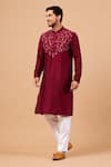 Shop_Hilo Design_Purple Silk, Cotton, Lycra Embroidery Leaf Motif Basik Kurta And Pant Set _Online_at_Aza_Fashions