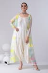 Buy_Kacha Tanka_Ivory Cotton Voile Embroidery Thread Spiral Jumpsuit With Tie And Dye Cape _at_Aza_Fashions