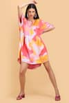 Buy_LABEL IVISH_Pink Pure Silk Charmeuse Satin Printed Abstract Asymmetric Kaftan  _at_Aza_Fashions