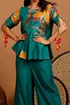 Garo_Blue Silk Muslin Printed Abstract Round Peplum Top And Flared Pant Set _Online_at_Aza_Fashions