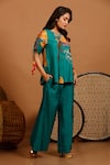 Buy_Garo_Blue Silk Muslin Printed Abstract Round Peplum Top And Flared Pant Set _Online_at_Aza_Fashions