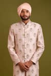 Chatenya Mittal_Pink Raw Silk Embroidery Floral Bouquet Sherwani Set _Online_at_Aza_Fashions