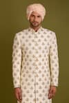 Chatenya Mittal_Beige Raw Silk Embroidery Floral Sequin Sherwani Set _Online_at_Aza_Fashions