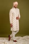 Buy_Chatenya Mittal_Beige Raw Silk Embroidery Floral Sequin Sherwani Set _Online_at_Aza_Fashions