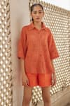 Buy_Betrue_Orange Cotton Crochet Solid Collared Neck Front Buttoned Mesh Shirt _at_Aza_Fashions