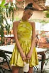 Shop_Ankita Dharman_Yellow Crepe Floral Motifs Halter Tuscany Balloon Dress _at_Aza_Fashions