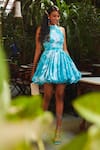 Buy_Ankita Dharman_Blue Crepe Floral Motifs Halter Tiffany Balloon Dress_at_Aza_Fashions