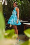 Buy_Ankita Dharman_Blue Crepe Floral Motifs Halter Tiffany Balloon Dress_Online_at_Aza_Fashions