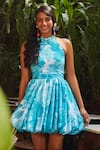 Shop_Ankita Dharman_Blue Crepe Floral Motifs Halter Tiffany Balloon Dress_Online_at_Aza_Fashions