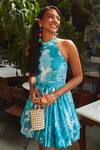 Ankita Dharman_Blue Crepe Floral Motifs Halter Tiffany Balloon Dress_at_Aza_Fashions