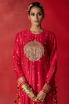 Pooja-Keyur_Red Cotton Silk Embroidery Aari Round Kurta And Pant Set _at_Aza_Fashions