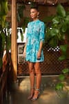 Ankita Dharman Blue Crepe Floral Motifs Band Collar Tiffany Shirt Dress Online at Aza Fashions Ankita Dharman_Blue Crepe Floral Motifs Band Collar Tiffany Shirt Dress _Online_at_Aza_Fashions
