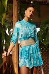 Ankita Dharman Blue Crepe Floral Motifs Band Collar Tiffany Shirt Dress at Aza Fashions Ankita Dharman_Blue Crepe Floral Motifs Band Collar Tiffany Shirt Dress _at_Aza_Fashions