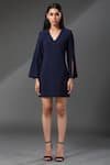 Buy_Zeefaa_Blue Crepe Plain V Neck Slit Sleeve Dress _Online_at_Aza_Fashions