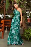 Shop_Ankita Dharman_Green Georgette Floral Motifs One Shoulder Forest Gown _at_Aza_Fashions