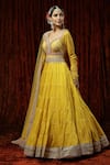 SHIKHAR SHARMA_Yellow Anarkali  Silk Chanderi Embroidery Gota Leaf Neck Tiered With Dupatta _Online_at_Aza_Fashions