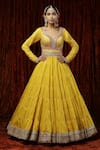 Shop_SHIKHAR SHARMA_Yellow Anarkali  Silk Chanderi Embroidery Gota Leaf Neck Tiered With Dupatta _Online_at_Aza_Fashions