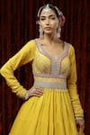 SHIKHAR SHARMA_Yellow Anarkali  Silk Chanderi Embroidery Gota Leaf Neck Tiered With Dupatta _at_Aza_Fashions