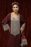 Buy_SHIKHAR SHARMA_Maroon Silk Chanderi Embroidery Gota Leaf Neck Kaftan _Online_at_Aza_Fashions