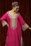 Buy_SHIKHAR SHARMA_Pink Silk Chanderi Embroidery Gota Leaf Neck Kaftan _Online_at_Aza_Fashions