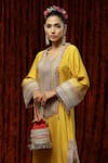 Buy_SHIKHAR SHARMA_Yellow Silk Chanderi Embroidery Gota Leaf Neck Kaftan _Online_at_Aza_Fashions