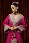 Buy_SHIKHAR SHARMA_Pink Silk Chanderi Embroidery Gota V Neck Kaftan _Online_at_Aza_Fashions