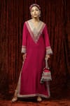 Buy_SHIKHAR SHARMA_Fuchsia Silk Chanderi Embroidered And Embellished Gota V Neck Kurta Kaftan _at_Aza_Fashions