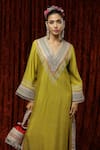 Buy_SHIKHAR SHARMA_Green Silk Chanderi Embroidered And Embellished Gota V Neck Kurta Kaftan _Online_at_Aza_Fashions