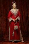 Buy_SHIKHAR SHARMA_Red Silk Chanderi Embroidered And Embellished Gota V Neck Kurta Kaftan _at_Aza_Fashions