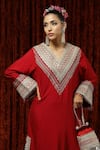 Buy_SHIKHAR SHARMA_Red Silk Chanderi Embroidered And Embellished Gota V Neck Kurta Kaftan _Online_at_Aza_Fashions