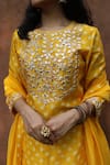 Shop_HOUSE OF PINK_Yellow Kurta And Dupatta Chanderi Bottom Self Cotton Embroidery Bandhani Set _Online_at_Aza_Fashions