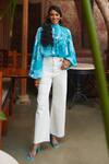 Buy_Ankita Dharman_Blue Georgette Floral Motifs High Neck Tiffany Balloon Sleeve Top_at_Aza_Fashions