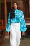 Shop_Ankita Dharman_Blue Georgette Floral Motifs High Neck Tiffany Balloon Sleeve Top_at_Aza_Fashions