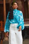 Buy_Ankita Dharman_Blue Georgette Floral Motifs High Neck Tiffany Balloon Sleeve Top_Online_at_Aza_Fashions
