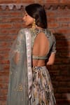 Vana Ethnics_Grey Georgette Printed Floral Scallop V Neck Lehenga Set _at_Aza_Fashions