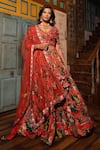 Buy_Vana Ethnics_Orange Viscose Printed Floral Scallop V Neck Pleated Bridal Lehenga Set _Online_at_Aza_Fashions